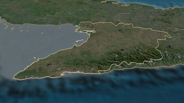 Granma, province with its capital, zoomed and extruded on the satellite map of Cuba in the conformal Stereographic projection. Animation 3D
