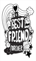 Best Friends Funny Cartoon Doodle Set.Happy Friendship Day. Vector Hand Drawn Color Illustration Pattern.