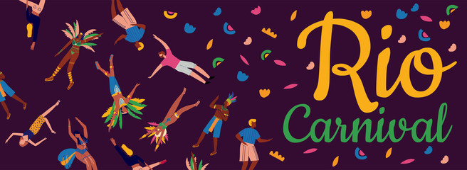 Long banner with dancing people in carnival costumes. Card for carnival in Brazil. Memphis background. Concept of festival, party.Design element for banner, poster, card.Flat vector illustration