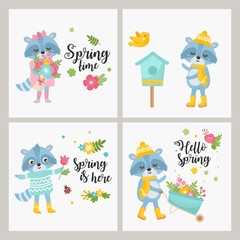 Cute animals collection. Raccoon with a garden wheelbarrow, gives spring flowers bouquet, raccoon with bird house, floral bouquet. Animals rejoices in spring.