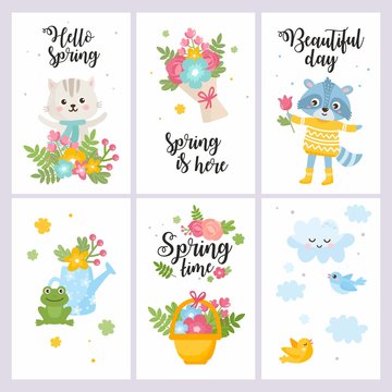 Hello spring card. Cute illustration with spring bouquet in a basket, little frog, dragonfly, watering can, cute cat bird and many flowers.