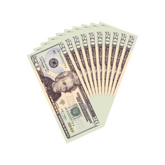 Fan of 20 dollars banknotes. Money currency, finance pay salary vector illustration	