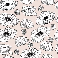 Wall murals Poppies Poppies seamless pattern. Sketch style. Hand drawn poppies on gentle beige background. Black lines.