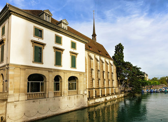 Fototapeta premium Zurich, Switzerland - September 2, 2016: Wasserkirche in Zurich at Limmatquai, in Switzerland