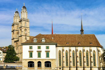 Wasserkirche and Grossmunster Church in Zurich, Switzerland.