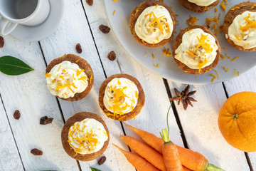 carrot cake cupcake bite size dessert snack homemade baked dessert cream orange peel decoration board composition cafe bistro