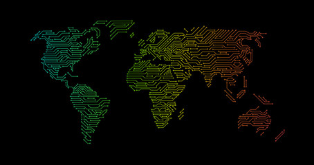 Colorful printed circuit map of World