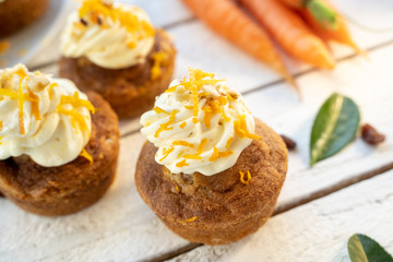 carrot cake cupcake bite size dessert snack homemade baked dessert cream orange peel decoration board composition cafe bistro