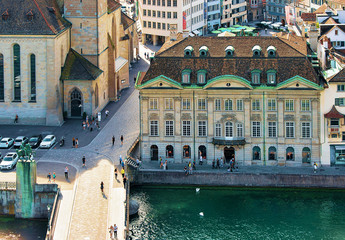 Zurich, Switzerland - September 2, 2016: Historical Buildings at Limmat Quay, Zurich, Switzerland....