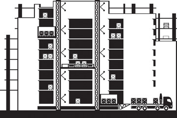Obraz premium Lifting of construction materials to floors of building by hoist - vector illustration
