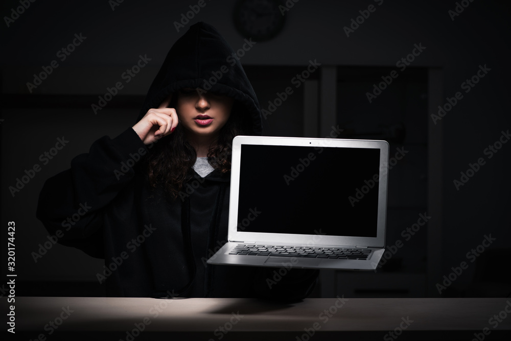 Poster female hacker hacking security firewall late in office