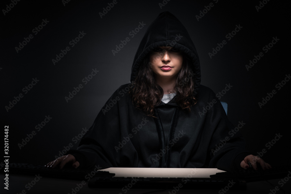 Poster female hacker hacking security firewall late in office