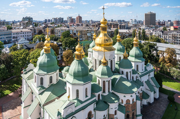 Fototapeta na wymiar Saint Sophia Cathedral (Sobor) architectural monument of Kievan Rus in Kiev (Kyiv), Ukraine seen from the bell tower