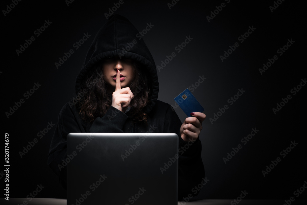 Poster female hacker hacking security firewall late in office