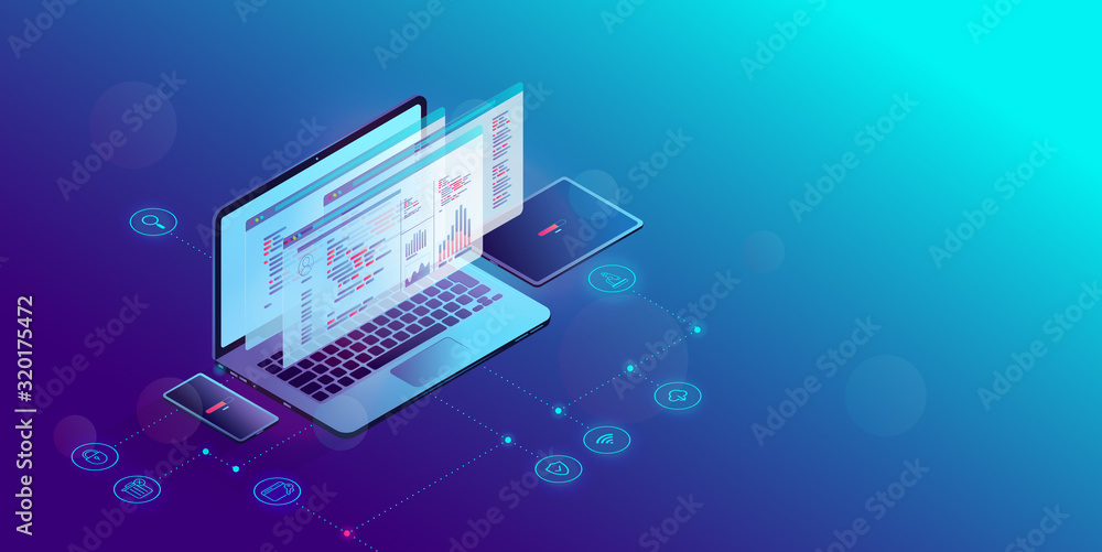 Fototapete App development - isometric computer showing code, abstract programming language and monitoring tools. Smartphone and tablet showing loading bar. Technology, developer, game and software concept.