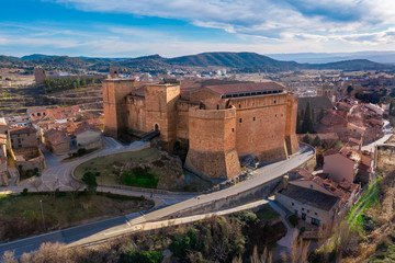 Aerial view of Mora de Rubielos town with medieval Gothic castle and city walls in Teruel Spain - obrazy, fototapety, plakaty