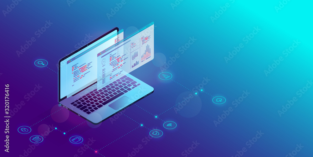 Leinwandbilder Software and web development. Isometric laptop computer with code and analytic tools on screen, icons showing security, cloud and research symbols. Programming and programmer concept. Vector.