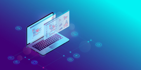 Software and web development. Isometric laptop computer with code and analytic tools on screen, icons showing security, cloud and research symbols. Programming and programmer concept. Vector.