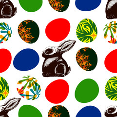 Seamless Easter background with multicolored eggs and chocolate Bunny on white background. Hand-drawn. Vector graphics.