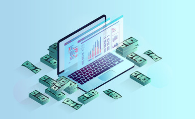 Computer and money - Laptop with dollar bills, screens showing text and graphs. Earning money on internet, e commerce, salary, payments and passive income concept. Isometric vector illustration.