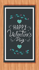 happy valentines day card in wooden background with decoration