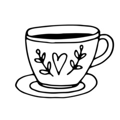 A small coffee cup with leaves in vector is suitable for social network icons, logos, cards, prints, design and any design
