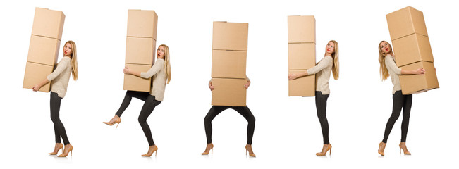 Woman with boxes relocating to new house isolated on white