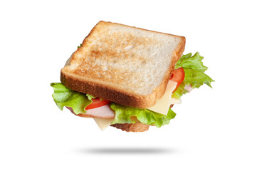  Fresh sandwich with ham, cheese and green salad. isolated on white background