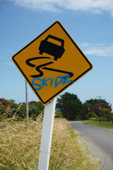 Yellow and black vehicle skid warning road sign with skidz sprayed on in blue graffiti against a blue sky and green countryside background.