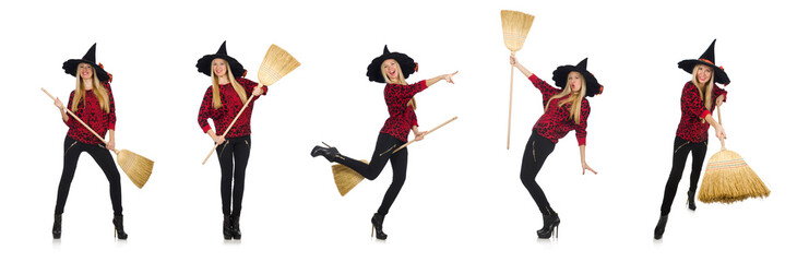 Funny witch with broom isolated on white