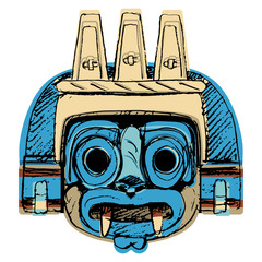 Isolated vector illustration. Aztec mask of god of rain Tlaloc. Pre-Columbian Native American Mexican art. Hand drawn rough colorful sketch.