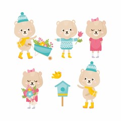 Cute animals collection. bear with a garden wheelbarrow, gives spring flowers bouquet, teddy bear with birdhouse, floral bouquet. Animals rejoices in spring.