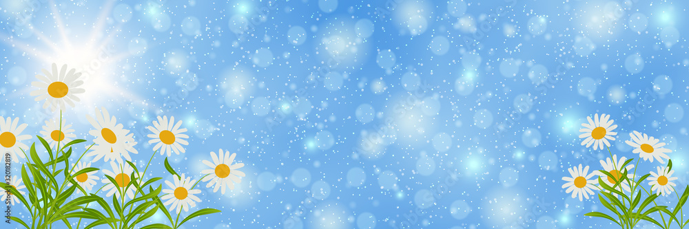 Poster spring banner vector design template. blue sky background with flowers and bokeh effect
