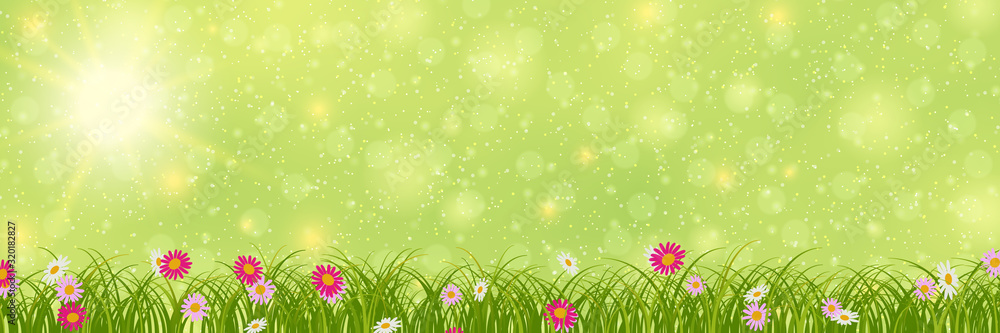Poster spring banner vector design template. green blurred background with flowers and bokeh effect