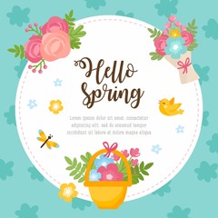 Spring card. Greeting card template with lettering and spring flowers. For postcard or invitation.