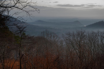 Fototapeta premium Past the trees, a cloudy and foggy sunrise looking over the valley below. A cold winter morning with the rolling hills in the background.