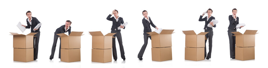 Woman businesswoman with boxes on white