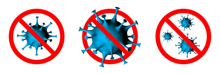 Coronavirus 2019-nCoV warning. Abstract virus strain model. Novel coronavirus is crossed out with red STOP sign