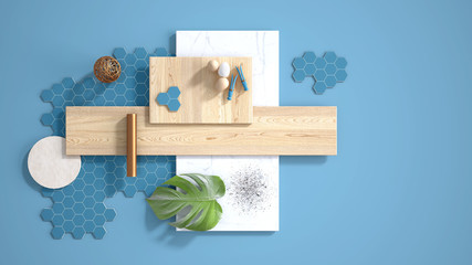 Minimal blue background with copy space, marble slab, wooden planks, cutting board, mosaic tiles, monstera leaf, eggs, pins and decors. Kitchen interior design concept, mood board