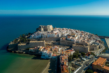 Aerial view of the Papal palace with crenelated roof and the surrounding walls in Peniscola Spain