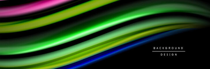 Silk and smooth flow wave poster design. Color waves, liquid style lines and shapes in black color background
