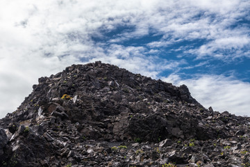 Haleakala Volcano, Maui, Hawaii, USA. - January 13, 2020: Mountain of black lava rocks at edge of the crater under white cloudscape with blue patches. Some small yellow vegetation.