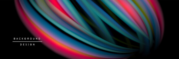 Сolorful flow poster. Wave liquid lines and shapes in black color background. Vector Illustration