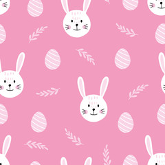 Easter cute seamless pattern with cute white rabbits and Easter eggs. Vector illustration.