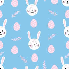 Easter cute seamless pattern with cute white rabbits and Easter eggs. Vector illustration.