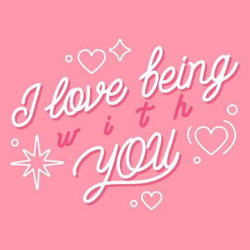 Romantic phrase or quote with  handwritten cursive calligraphic font decorated by cute elements. Love and passion inscription isolated on pink background. For Valentines design. Vector illustration.