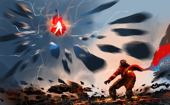 Digital illustration painting design style a man flying is in energy ball and attacking by rock to a man on the ground, against Earthquake.