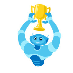 Robot champion holds a tall golden goblet. Winner first place vector illustration.
