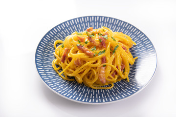 Delicious carbonara pasta close up