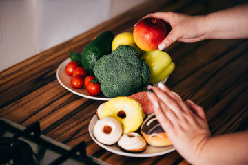 Healthy snacking, balanced nutrition, dietary, lifestyle, weight loss concept. Overweight woman...